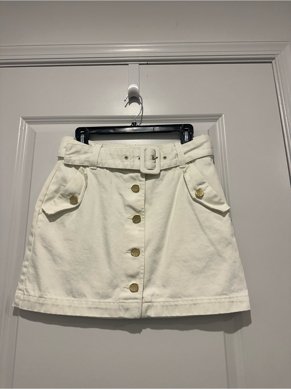 High-Waist Cream Button-Front Mini Skirt with Belt